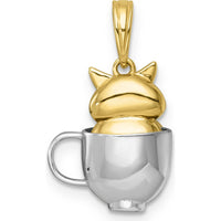 14K Yellow Gold 3D Cat in Mug Pendant with White Rhodium Accents - Playful Charm by Oro Pregiato