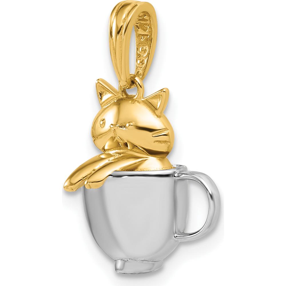 14K Yellow Gold 3D Cat in Mug Pendant with White Rhodium Accents - Playful Charm by Oro Pregiato