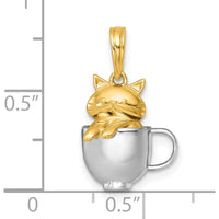 14K Yellow Gold 3D Cat in Mug Pendant with White Rhodium Accents - Playful Charm by Oro Pregiato