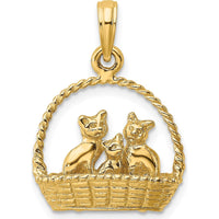 14K Yellow Gold 3D Cats Inside of Basket Pendant Charm - Playful Feline Design by Oro Pregiato