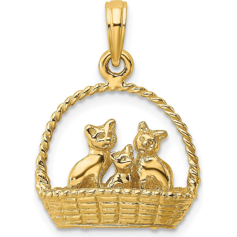 14K Yellow Gold 3D Cats Inside of Basket Pendant Charm - Playful Feline Design by Oro Pregiato