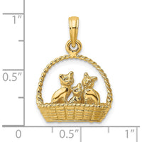 14K Yellow Gold 3D Cats Inside of Basket Pendant Charm - Playful Feline Design by Oro Pregiato