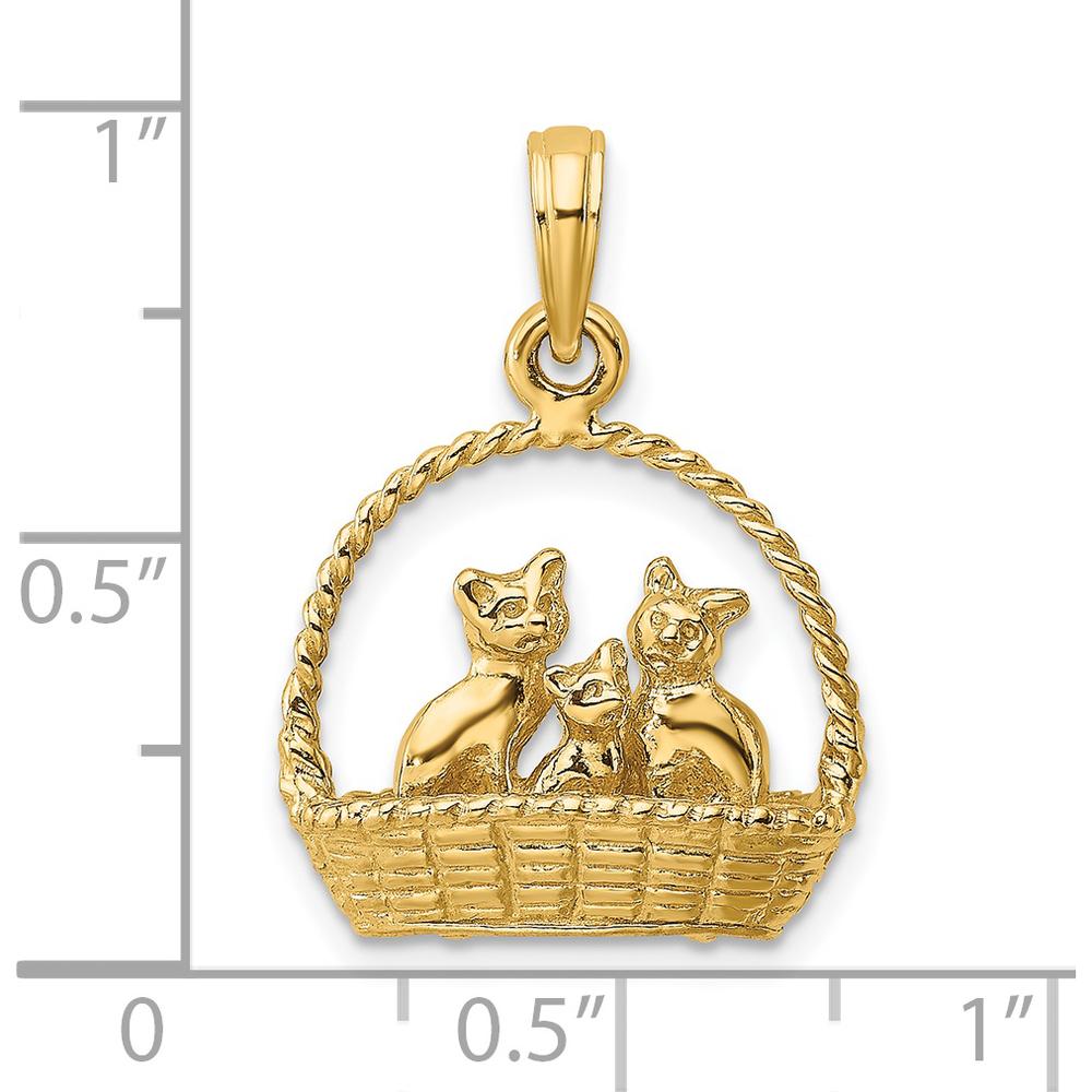 14K Yellow Gold 3D Cats Inside of Basket Pendant Charm - Playful Feline Design by Oro Pregiato