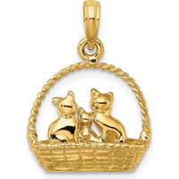 14K Yellow Gold 3D Cats Inside of Basket Pendant Charm - Playful Feline Design by Oro Pregiato
