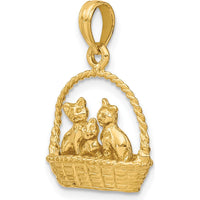 14K Yellow Gold 3D Cats Inside of Basket Pendant Charm - Playful Feline Design by Oro Pregiato