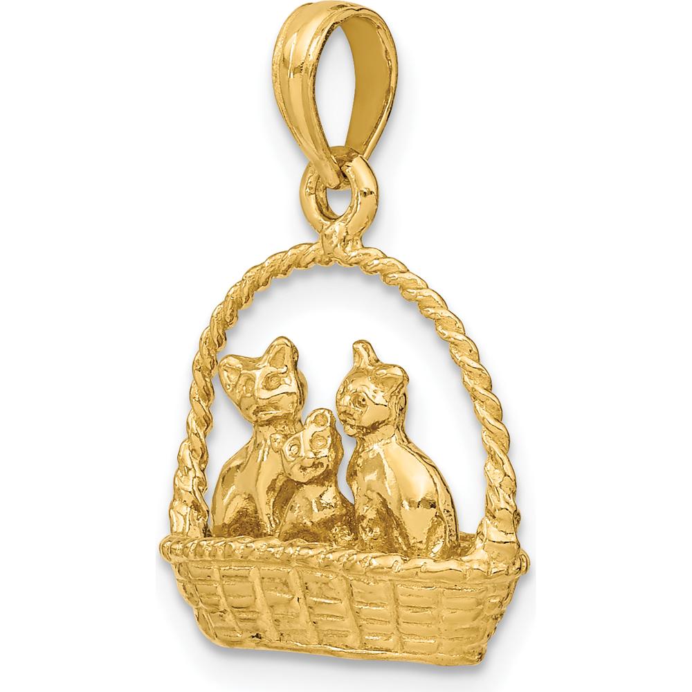 14K Yellow Gold 3D Cats Inside of Basket Pendant Charm - Playful Feline Design by Oro Pregiato