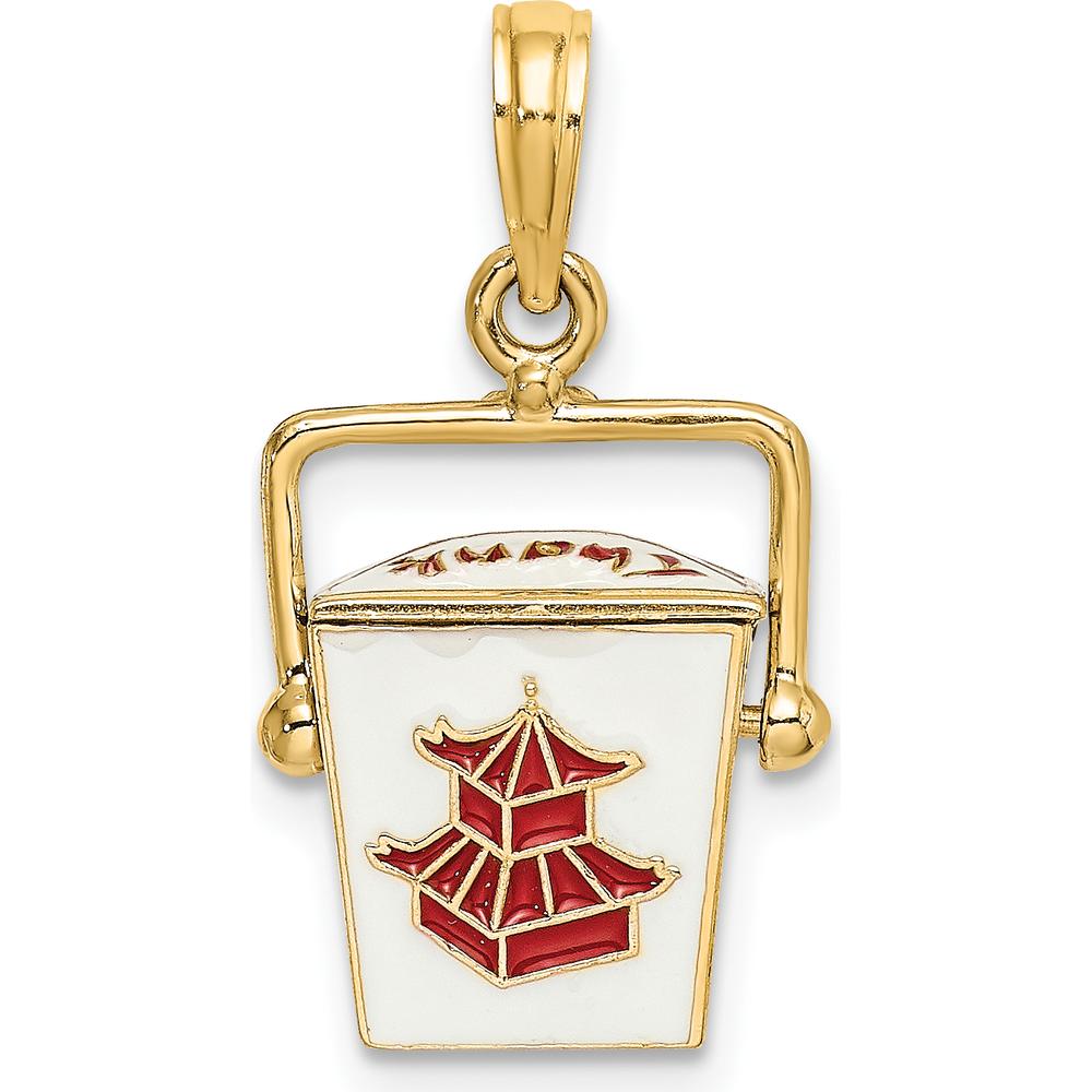 14K Yellow Gold 3D Chinese Take-Out Box Pendant with Red and White Enamel Accent - Moveable Handle by Oro Pregiato