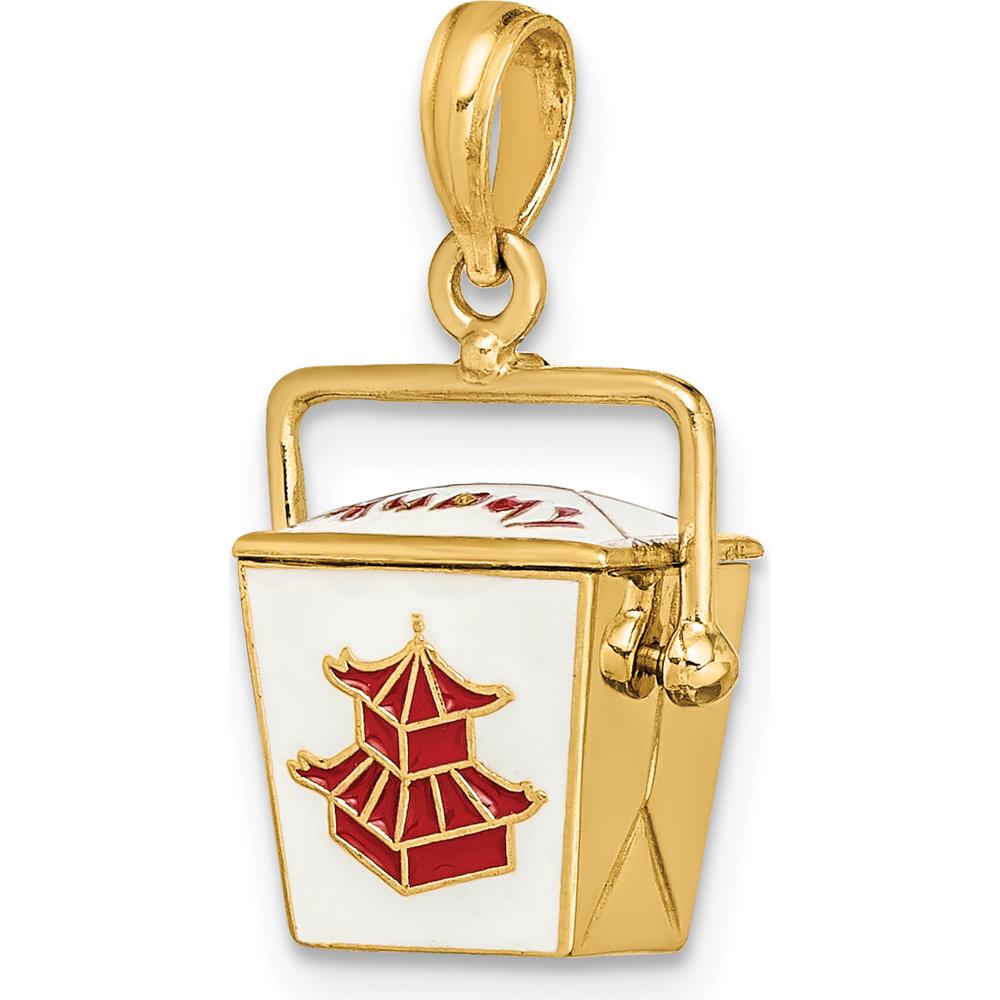 14K Yellow Gold 3D Chinese Take-Out Box Pendant with Red and White Enamel Accent - Moveable Handle by Oro Pregiato