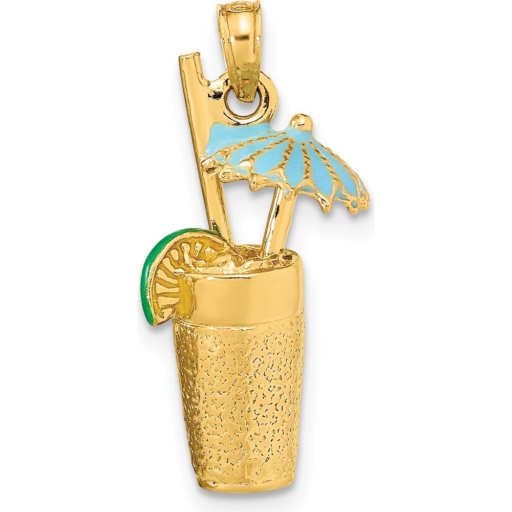 14K Yellow Gold 3D Cocktail Drink Charm with Blue Enameled Umbrella and Lime Accent by Oro Pregiato