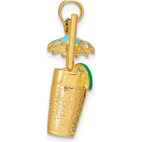 14K Yellow Gold 3D Cocktail Drink Charm with Blue Enameled Umbrella and Lime Accent by Oro Pregiato