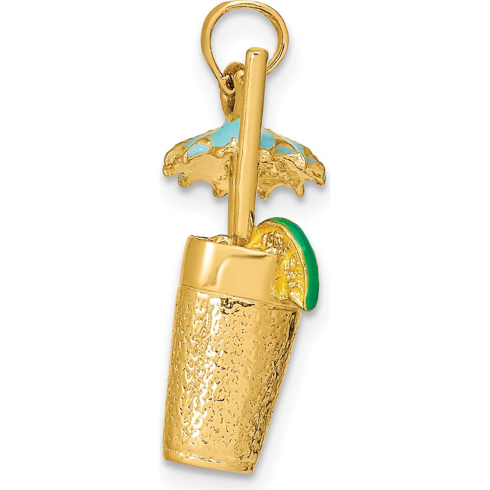 14K Yellow Gold 3D Cocktail Drink Charm with Blue Enameled Umbrella and Lime Accent by Oro Pregiato