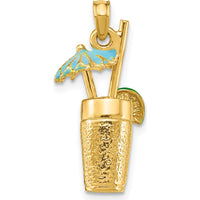 14K Yellow Gold 3D Cocktail Drink Charm with Blue Enameled Umbrella and Lime Accent by Oro Pregiato