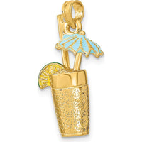 14K Yellow Gold 3D Cocktail Drink Charm with Blue Enameled Umbrella and Lime Accent by Oro Pregiato
