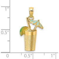 14K Yellow Gold 3D Cocktail Drink Charm with Blue Enameled Umbrella and Lime Accent by Oro Pregiato