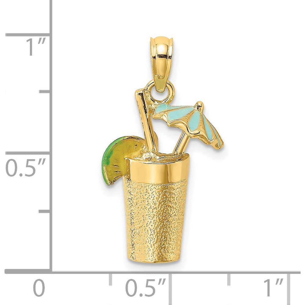 14K Yellow Gold 3D Cocktail Drink Charm with Blue Enameled Umbrella and Lime Accent by Oro Pregiato