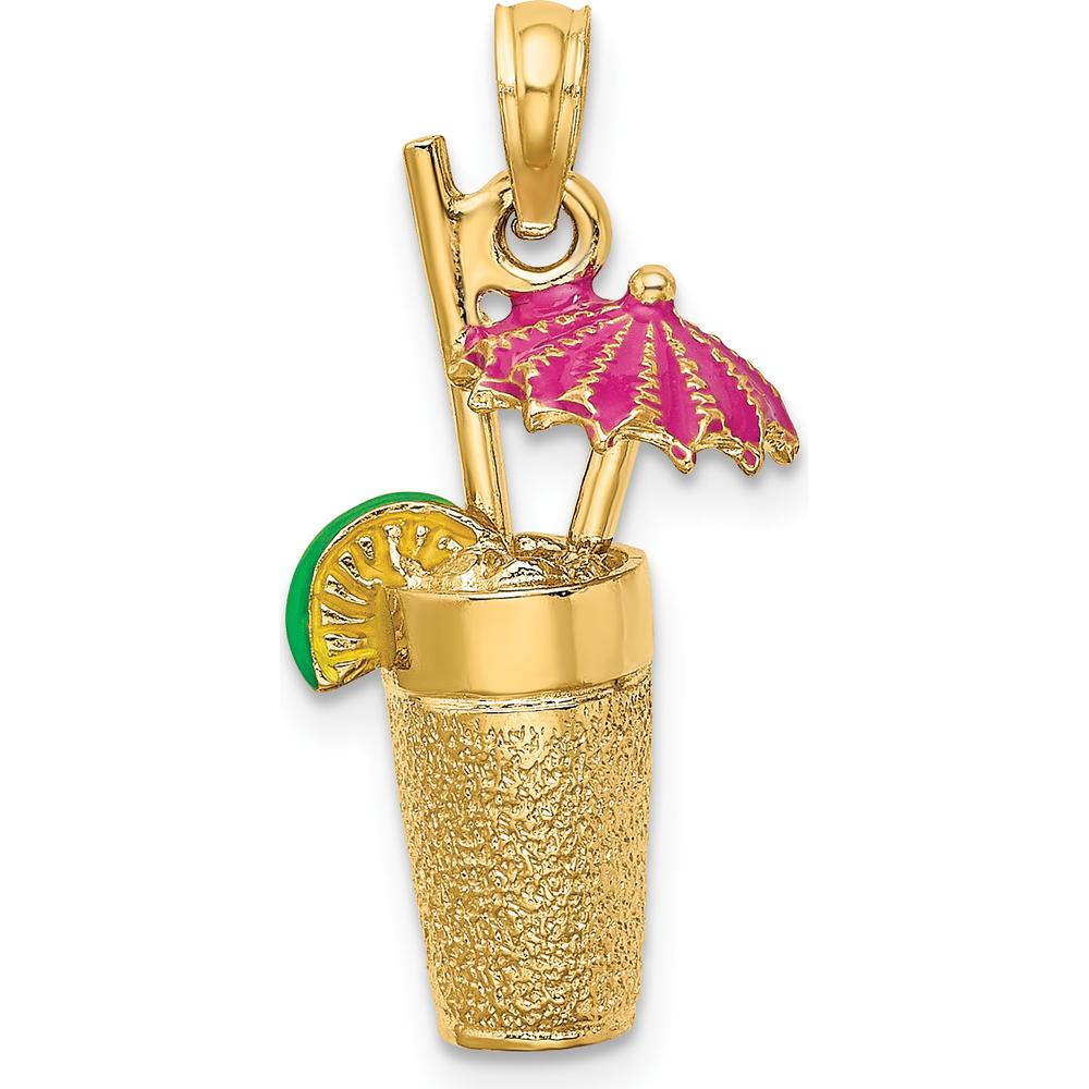 14K Yellow Gold 3D Cocktail Drink Pendant with Fuchsia Enameled Umbrella and Lime Charm by Oro Pregiato