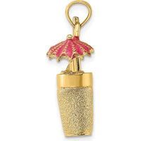 14K Yellow Gold 3D Cocktail Drink Pendant with Fuchsia Enameled Umbrella and Lime Charm by Oro Pregiato