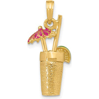 14K Yellow Gold 3D Cocktail Drink Pendant with Fuchsia Enameled Umbrella and Lime Charm by Oro Pregiato