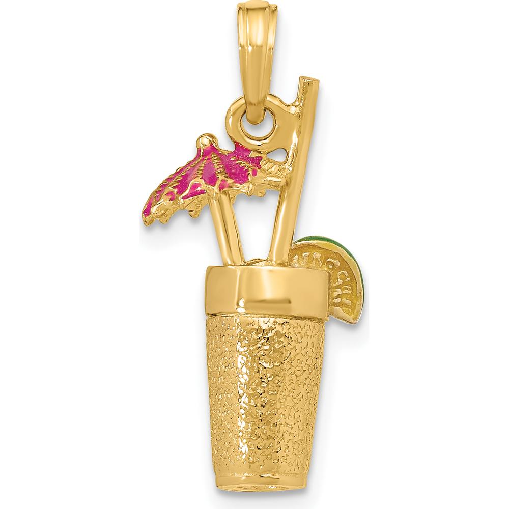 14K Yellow Gold 3D Cocktail Drink Pendant with Fuchsia Enameled Umbrella and Lime Charm by Oro Pregiato
