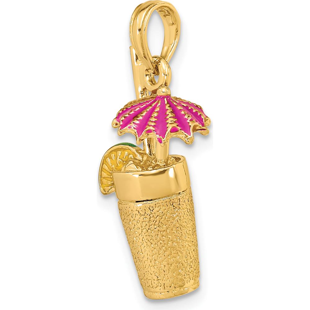 14K Yellow Gold 3D Cocktail Drink Pendant with Fuchsia Enameled Umbrella and Lime Charm by Oro Pregiato