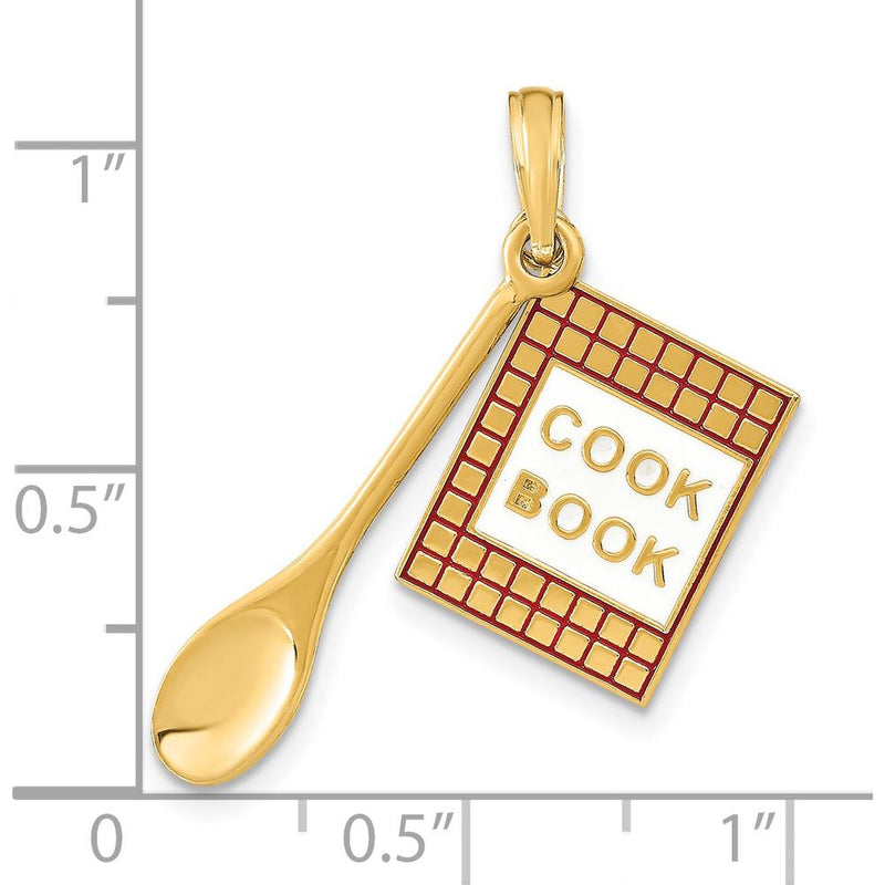 14K Yellow Gold 3D Cook Book and Spoon Themed Pendant Charm - Enamel Accents by Oro Pregiato