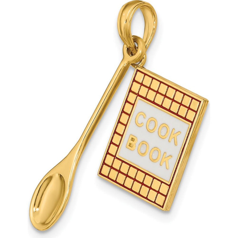 14K Yellow Gold 3D Cook Book and Spoon Themed Pendant Charm - Enamel Accents by Oro Pregiato