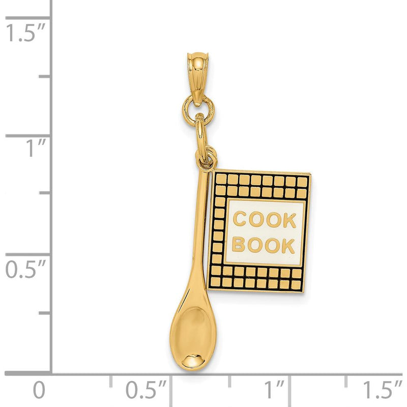 14K Yellow Gold 3D Cookbook and Spoon Charm with Black and White Enamel by Oro Pregiato