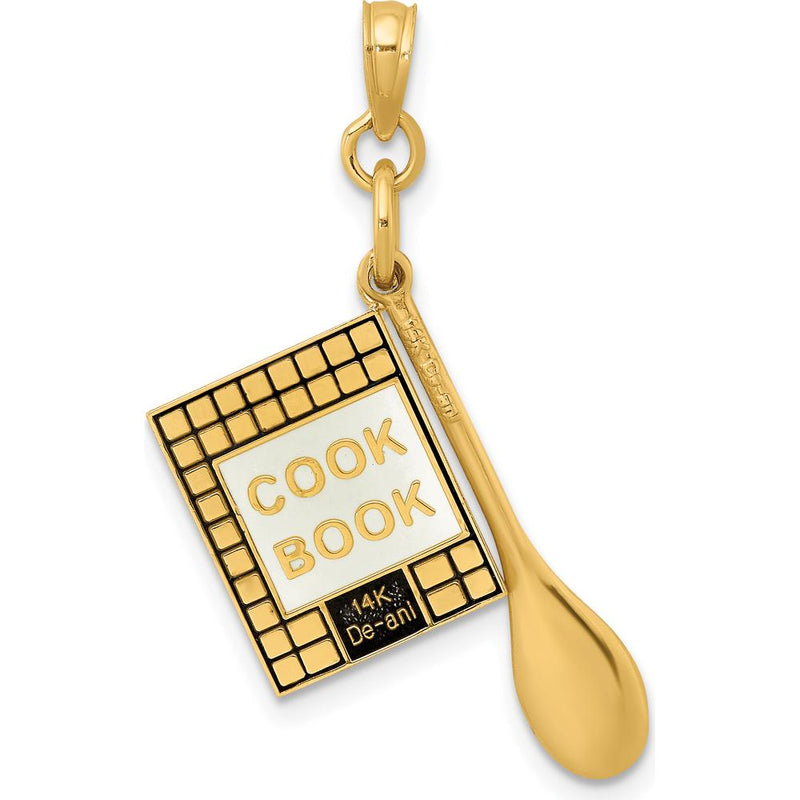 14K Yellow Gold 3D Cookbook and Spoon Charm with Black and White Enamel by Oro Pregiato