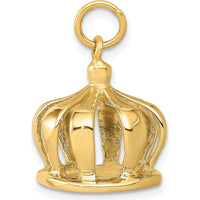 14K Yellow Gold 3D Crown Charm Pendant - Regal, Polished Finish, 20mm Length