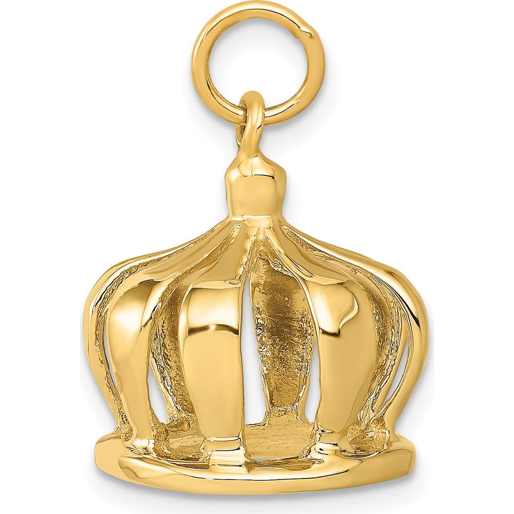 14K Yellow Gold 3D Crown Charm Pendant - Regal, Polished Finish, 20mm Length
