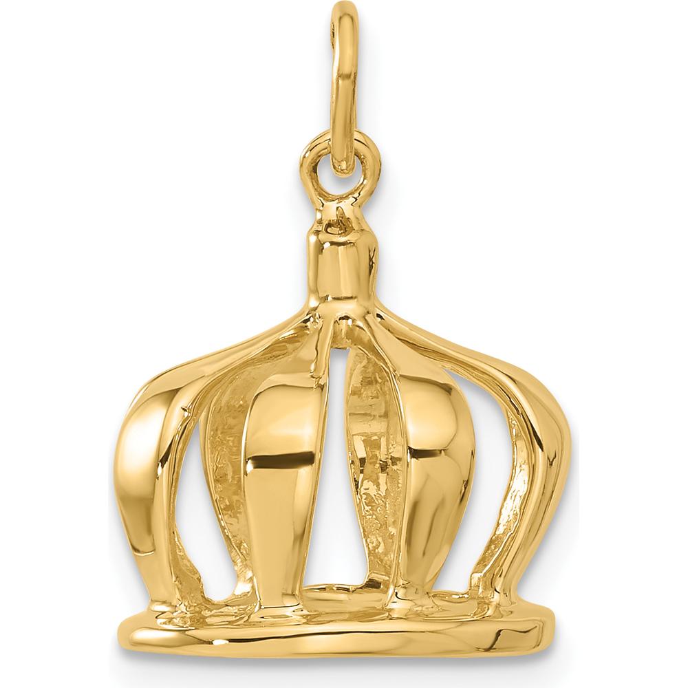 14K Yellow Gold 3D Crown Charm Pendant - Regal, Polished Finish, 20mm Length