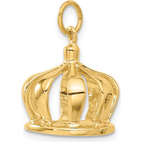 14K Yellow Gold 3D Crown Charm Pendant - Regal, Polished Finish, 20mm Length