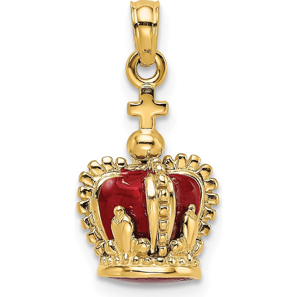 14K Yellow Gold 3D Crown Charm with Red Enamel and Cross - 21.2mm Length by Oro Pregiato