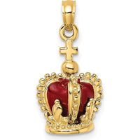14K Yellow Gold 3D Crown Charm with Red Enamel and Cross - 21.2mm Length by Oro Pregiato