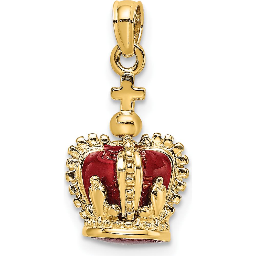 14K Yellow Gold 3D Crown Charm with Red Enamel and Cross - 21.2mm Length by Oro Pregiato