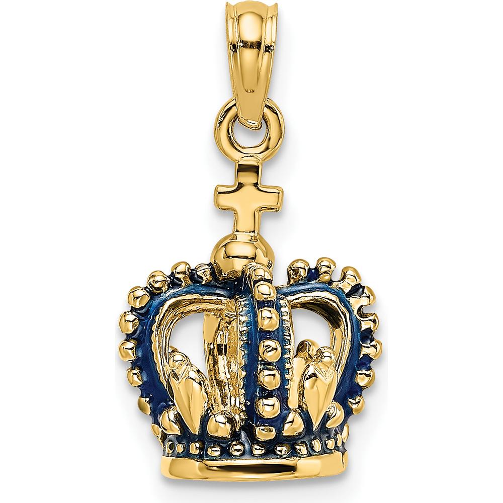 14K Yellow Gold 3D Crown Pendant with Blue Enamel Accents by Oro Pregiato