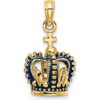 14K Yellow Gold 3D Crown Pendant with Blue Enamel Accents by Oro Pregiato