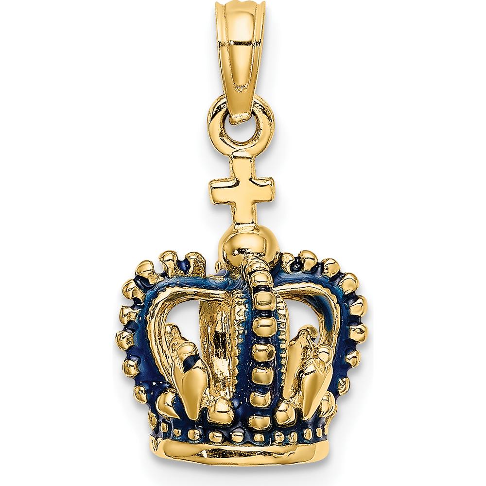 14K Yellow Gold 3D Crown Pendant with Blue Enamel Accents by Oro Pregiato
