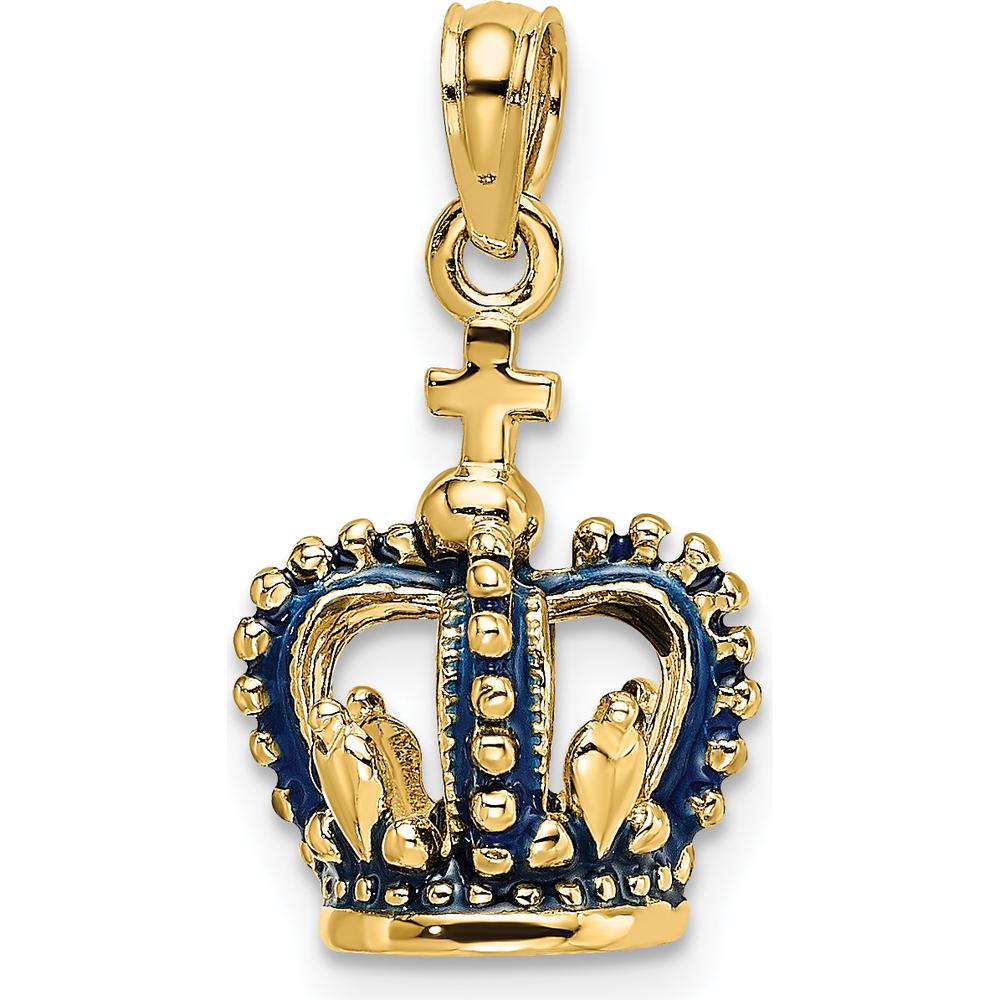 14K Yellow Gold 3D Crown Pendant with Blue Enamel Accents by Oro Pregiato