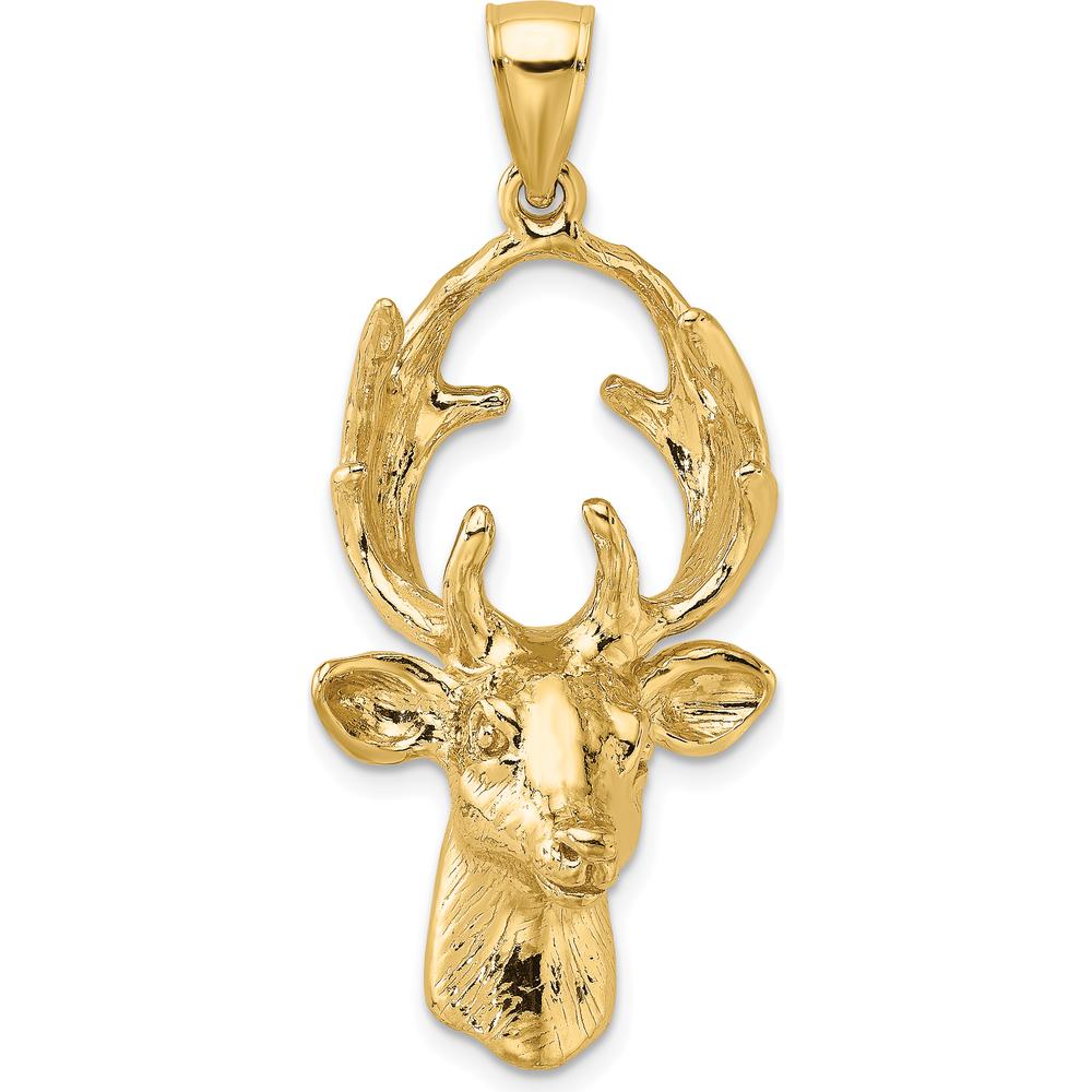 14K Yellow Gold 3D Deer Head Buck Charm Pendant - 39.35mm Length by Oro Pregiato
