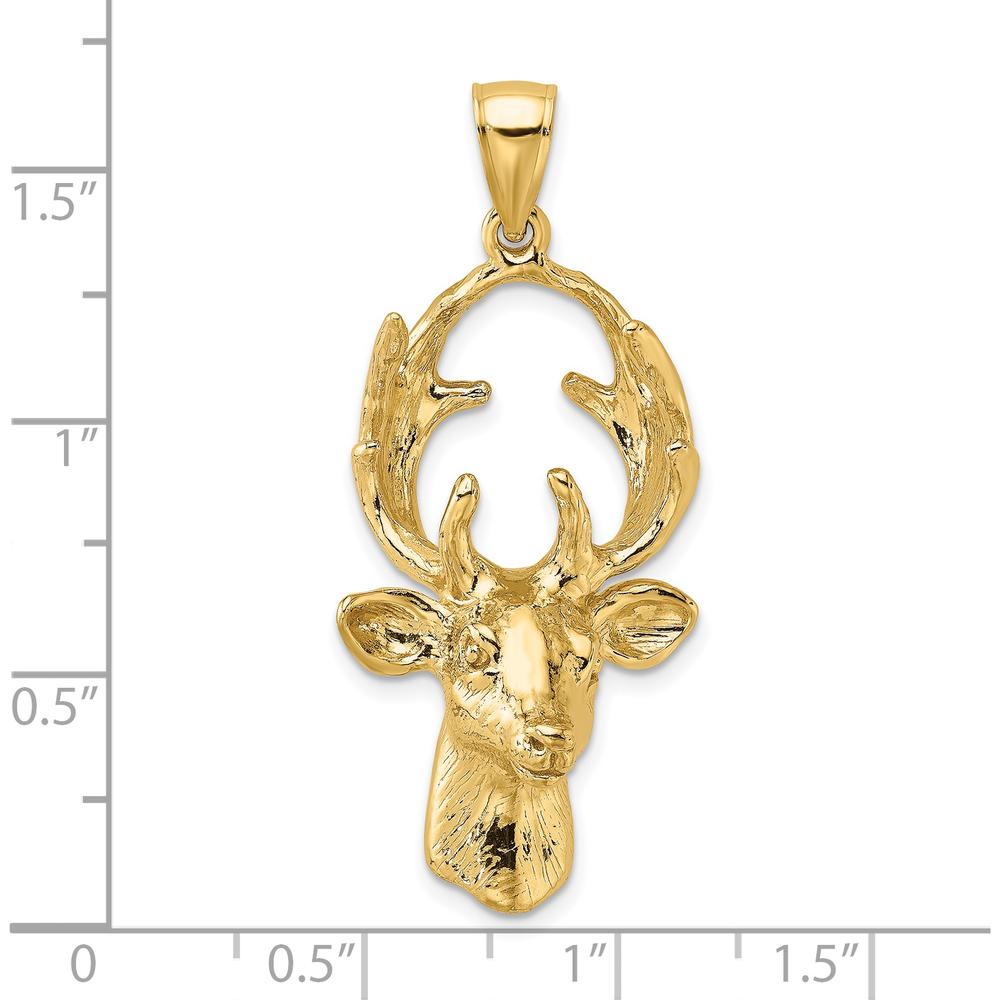 14K Yellow Gold 3D Deer Head Buck Charm Pendant - 39.35mm Length by Oro Pregiato