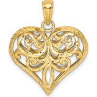14K Yellow Gold 3D Diamond-Cut Filigree Puffed Heart Charm - Polished Finish by Oro Pregiato