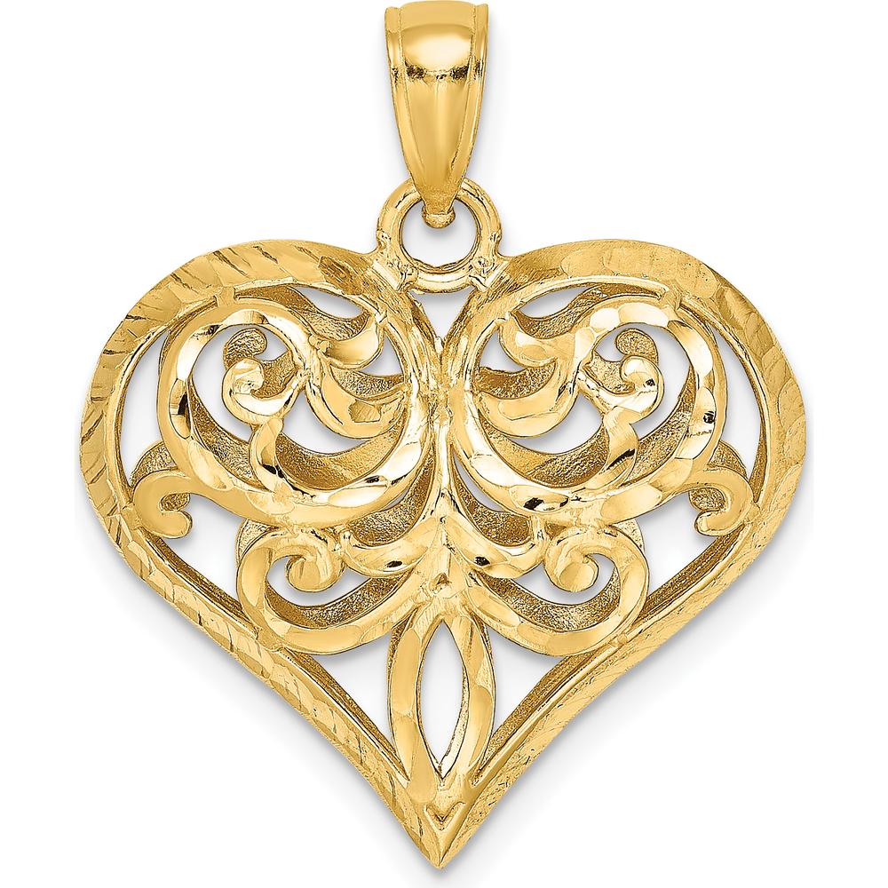 14K Yellow Gold 3D Diamond-Cut Filigree Puffed Heart Charm - Polished Finish by Oro Pregiato