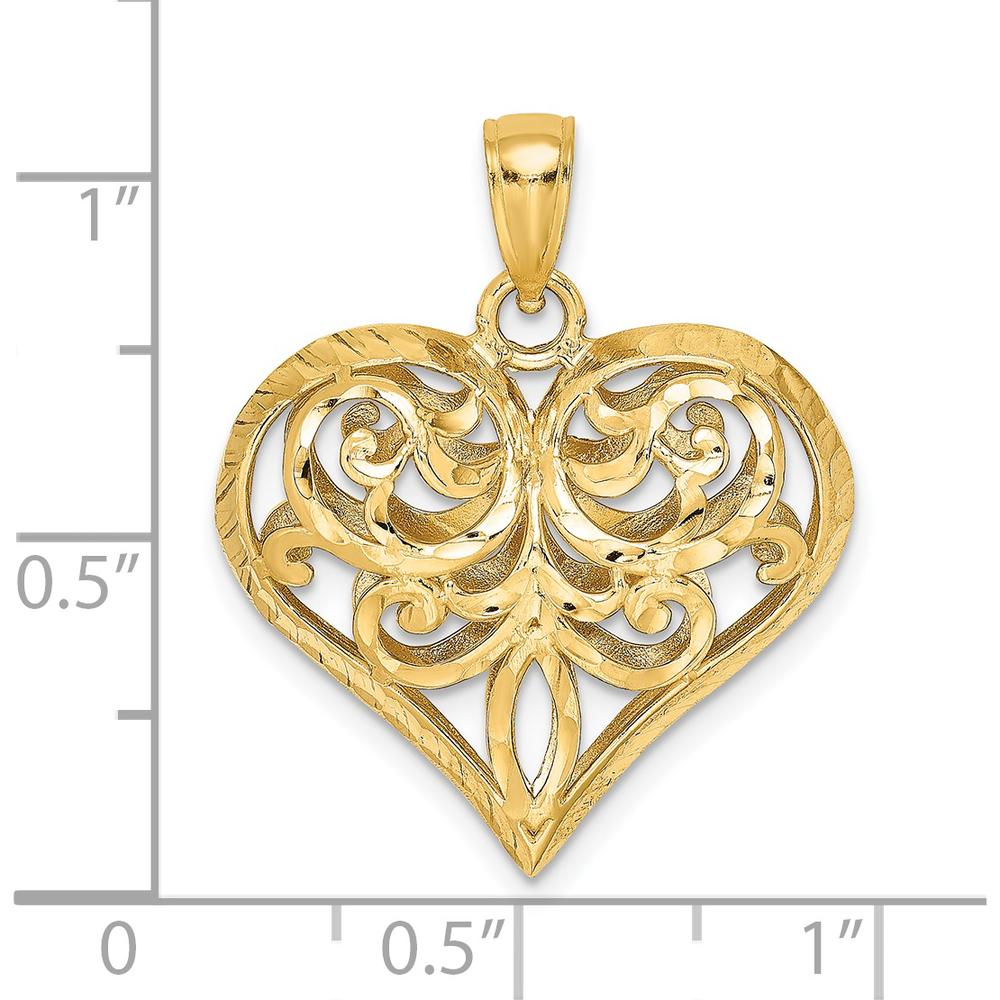 14K Yellow Gold 3D Diamond-Cut Filigree Puffed Heart Charm - Polished Finish by Oro Pregiato