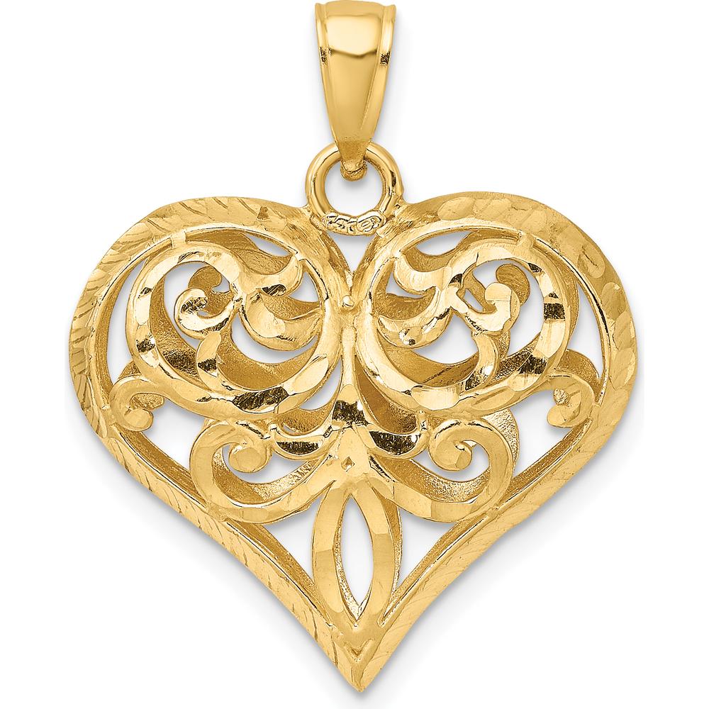 14K Yellow Gold 3D Diamond-Cut Filigree Puffed Heart Charm - Polished Finish by Oro Pregiato