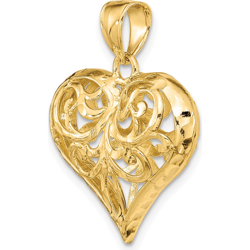 14K Yellow Gold 3D Diamond-Cut Filigree Puffed Heart Charm - Polished Finish by Oro Pregiato
