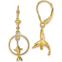 14K Yellow Gold 3D Dolphin Jumping Through Hoop Leverback Earrings by 0