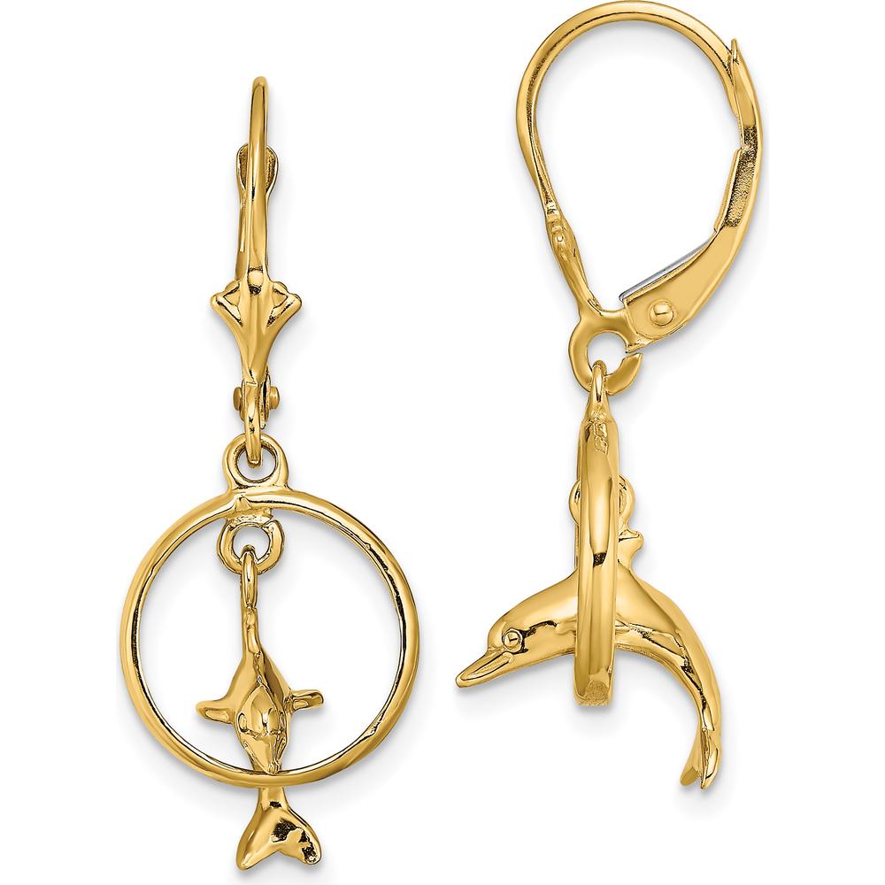 14K Yellow Gold 3D Dolphin Jumping Through Hoop Leverback Earrings by 0