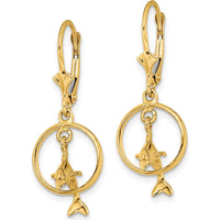 14K Yellow Gold 3D Dolphin Jumping Through Hoop Leverback Earrings by 0