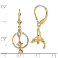 14K Yellow Gold 3D Dolphin Jumping Through Hoop Leverback Earrings by 0